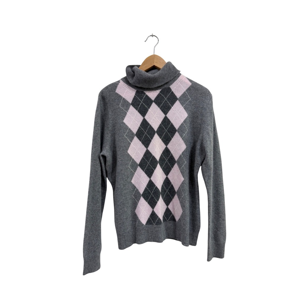 Apt. 9 Womens 100% Cashmere Argyle Academia Turtleneck Sweater XL Gray Pink Knit